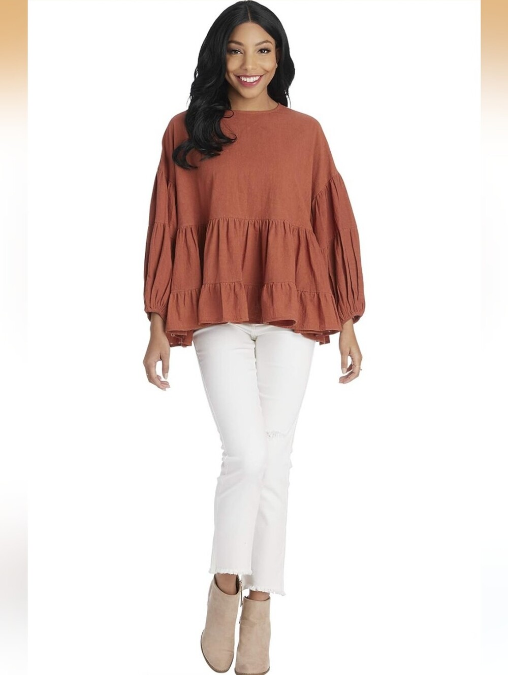 Mud Pie Goldie Flounce Blouse Rust Peplum Balloon Sleeve Ruffle Tier Oversized S